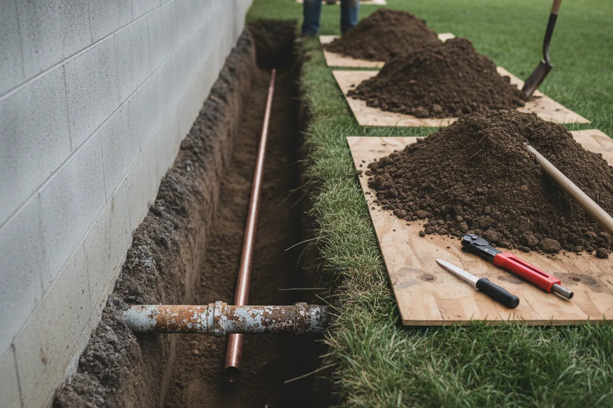 Excavated water line trench during Water Softener Installation in Yaphank